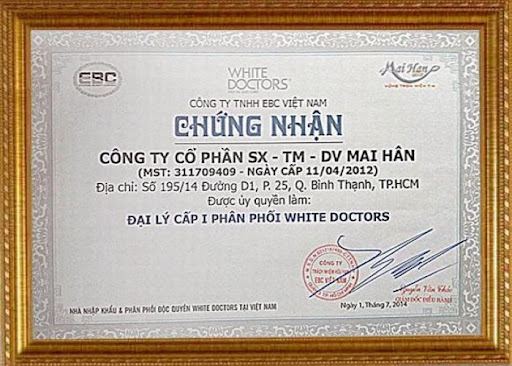 Giấy chứng nhận Mai Hân Mỹ phẩm là đại lý cấp 1 phân phối White Doctors