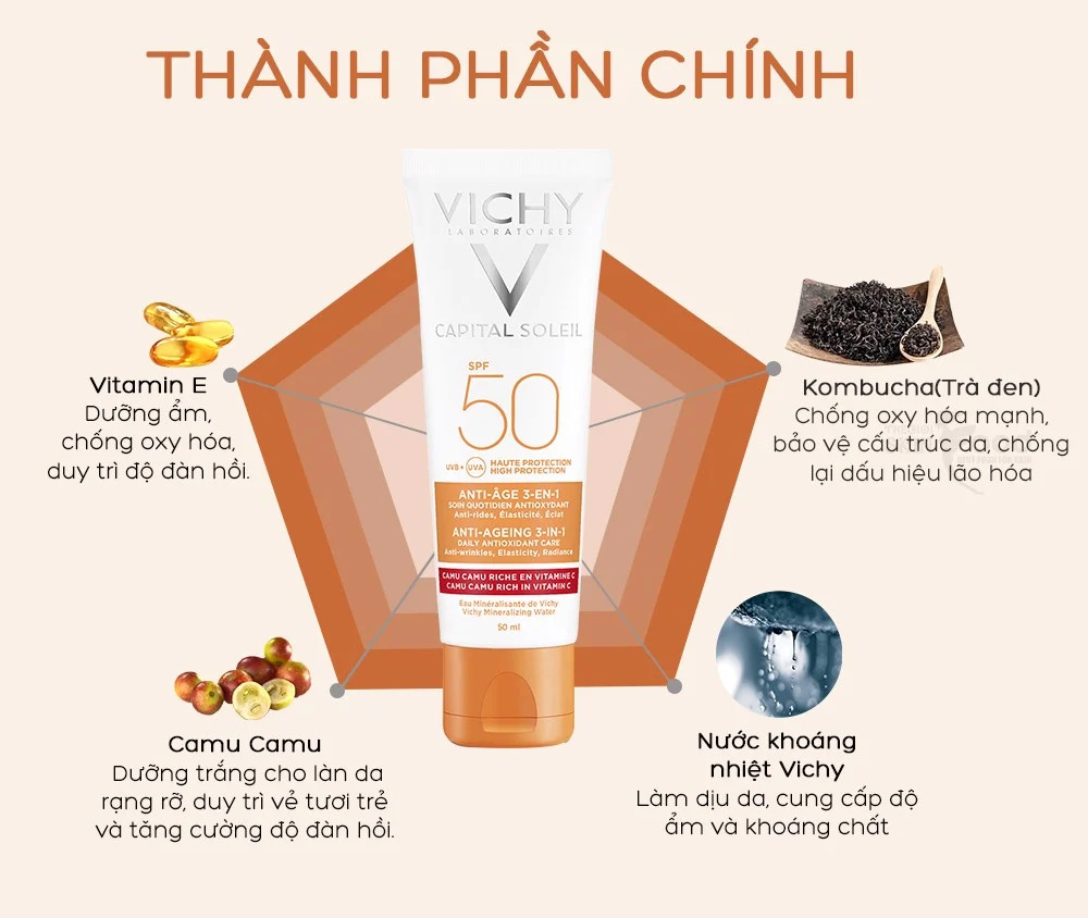 Kem chống nắng ngừa lão hóa Vichy Capital Soleil Anti-Ageing 3-In-1 SPF 50 UVB+UVA Kem chống nắng ngừa lão hóa Vichy Capital Soleil Anti-Ageing 3-In-1 SPF 50 UVB+UVA
