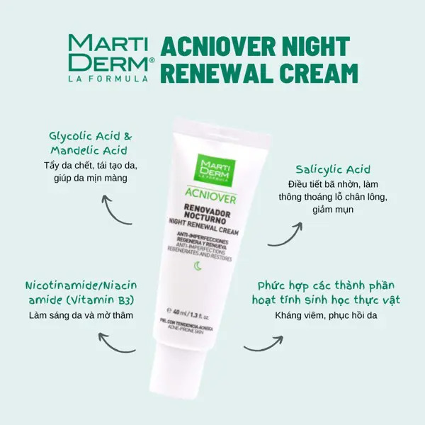 Kem dưỡng tái tạo ban đêm cho da dầu mụn MartiDerm Acniover Night Renewal Cream