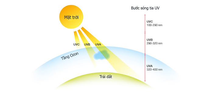 Bức xạ UV chia thành 3 loại theo bước sóng gốm: UVC, UVA, UVB Bức xạ UV chia thành 3 loại theo bước sóng gốm: UVC, UVA, UVB