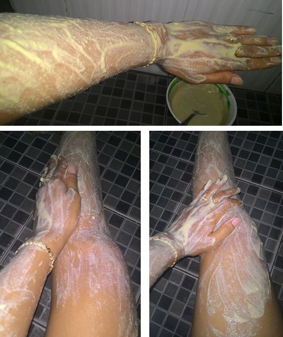 Thoa hỗn hợp kem tắm trắng tự chế lên toàn thân và massage nhẹ nhàng trong 15 - 20 phút Thoa hỗn hợp kem tắm trắng tự chế lên toàn thân và massage nhẹ nhàng trong 15 - 20 phút