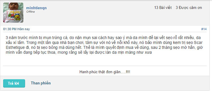 Ý kiến của người dùng về kem hỗ trợ làm mờ sẹo Scar Esthetique Ý kiến của người dùng về kem hỗ trợ làm mờ sẹo Scar Esthetique