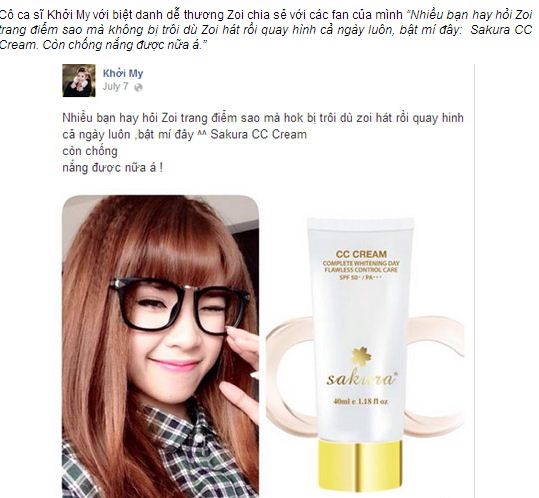 Chia sẻ của ca sĩ Khởi My trên facebook khi dùng kem dưỡng da trang điểm Sakura